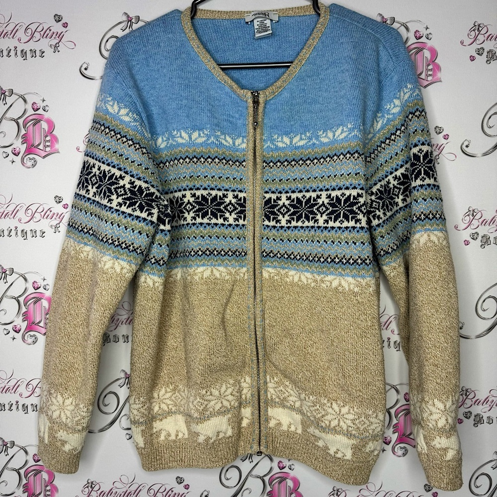 Northern reflections sweater zip up hoodie polar bears snow flakes knit cozy VTG